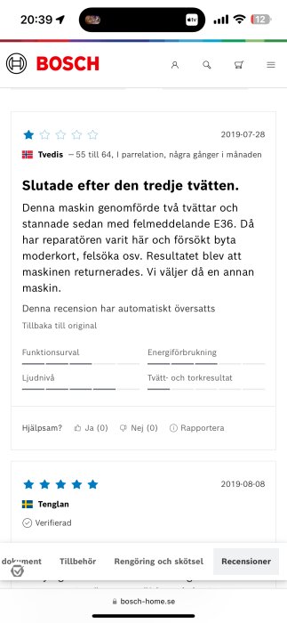 Recension på en Bosch-webbsida där användaren beskriver problem med en tvättmaskin som slutade fungera efter den tredje tvätten och lämnade felmeddelandet E36.