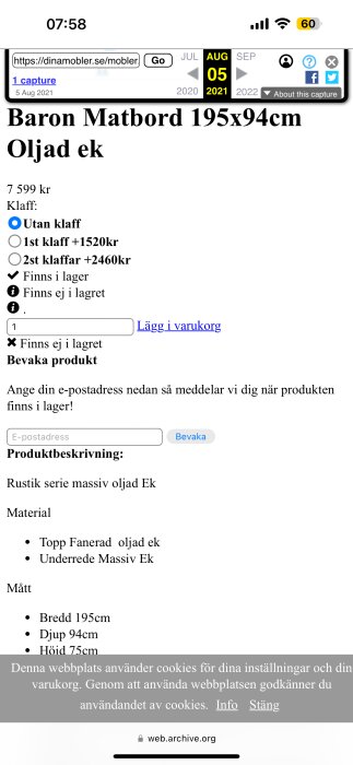 Produktbeskrivning av Baron matbord i oljad ek, 195x94 cm, utan klaff, pris 7599 kr, med möjligheten att lägga till klaffar. Material: Fanerad och massiv ek.