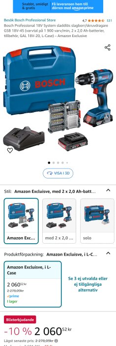 Bosch Professional 18V sladdlös borrmaskin och skruvdragare med tillbehör, två batterier, laddare och förvaringsväska, pris på Amazon inklusive rabatt.