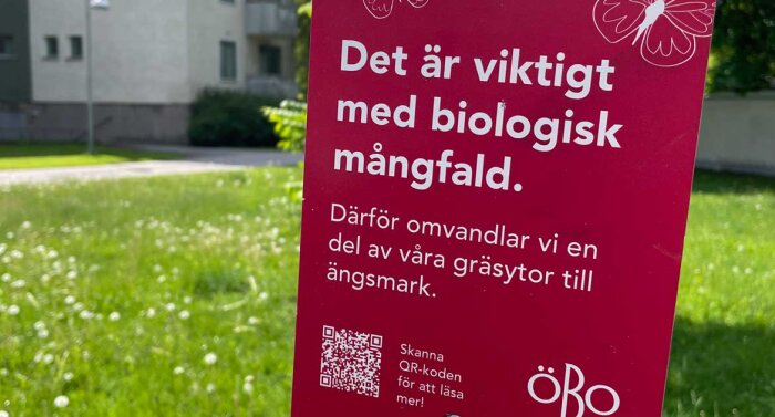 Skylt i ett grönområde som informerar om vikten av biologisk mångfald och att vissa gräsytor omvandlas till ängsmark, med text och QR-kod för mer info.