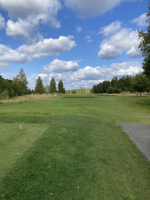 En golfbana med gröna gräsytor, omgiven av träd och buskar, under en himmel med spridda moln.