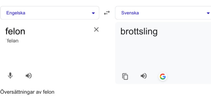 Google Translate översättning av engelska ordet "felon" till svenska ordet "brottsling".