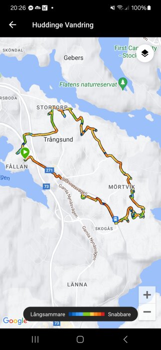 Karta över Huddinge vandring från Garmin Phoenix, visar en stig genom Trångsund, Fållan, Skogås och Mörtviken med färgkodning för gångtempo.