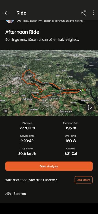 Karta och information om en cykeltur runt Borlänge, inklusive distans på 27,70 km, tid 1:20:42, höjdökning 196 m, medelhastighet 20,6 km/h och kaloriförbrukning 821 Cal.