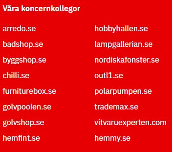 Lista över webbplatser som tillhör en koncern, inklusive arredo.se, badshop.se, byggshop.se, chilli.se, furniturebox.se, golvpoolen.se, och flera andra.