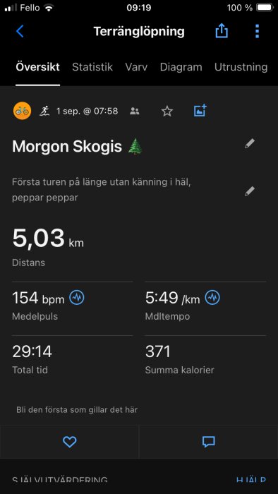 Skärmdump av träningsapp som visar statistik för terränglöpning på morgonen: 5,03 km distans, 154 bpm medelpuls, 5:49 min/km medeltempo, 29:14 total tid, 371 kalorier brända.