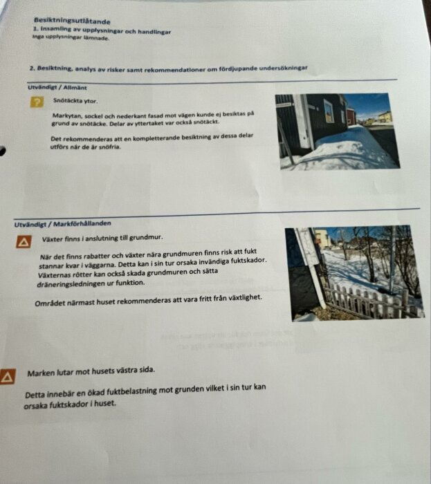 Besiktningsprotokoll med bilder av husets fasad och grundmur, snötäckt mark och vegetation, samt text som beskriver analys och rekommendationer.