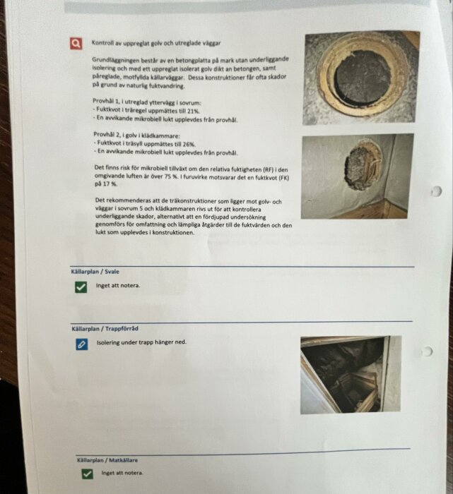 Inspektionsrapport med bilder som visar potentiella fuktskador och mikrobiell tillväxt i ett hus. Rapporten innehåller anteckningar om golv, väggar och källarplan.