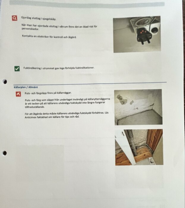 Bild med tre foton av byggnadsdelar och text som beskriver en besiktningsrapport kring eluttag, fuktindikation samt skador på källarväggar.