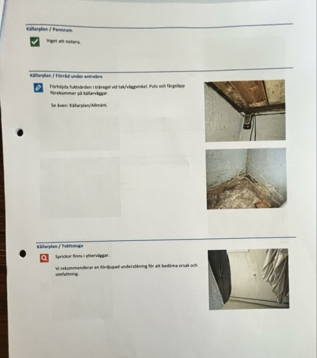 Besiktningsprotokoll för hus med bilder som visar förhöjda fuktvärden i källarens träregel och sprickor i ytterväggar i källarplanets tvättstuga.