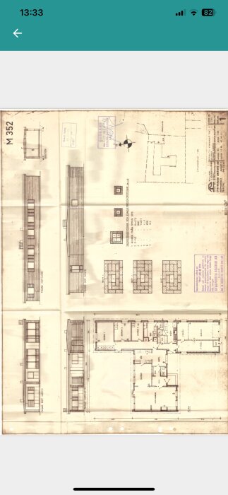 Arkitektritning av ett tvåvåningshus med fasader, sektioner och planlösningar, inklusive rummens placering och mått samt tekniska specifikationer och stämplar.