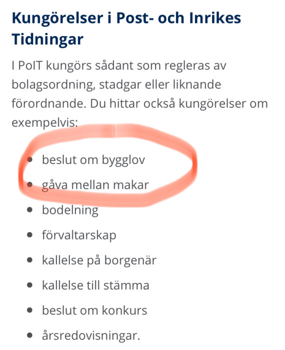 Skärmdump av en textlista med rubriken "Kungörelser i Post- och Inrikes Tidningar", där "beslut om bygglov" är markerat med en röd cirkel.