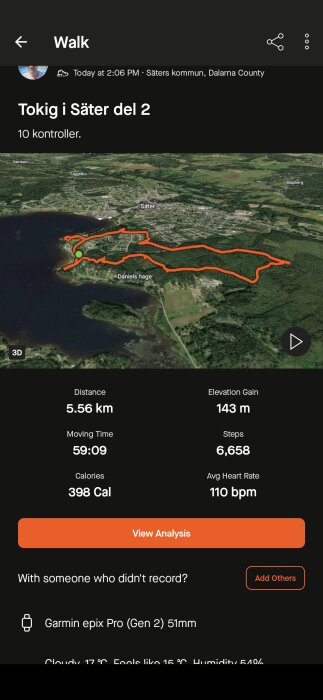 En karta av Säter kommun i Dalarna visar en promenadrutt markerad i rött. Statistik inkluderar avstånd 5,56 km, tid 59:09, kalorier 398, och steg 6 658.