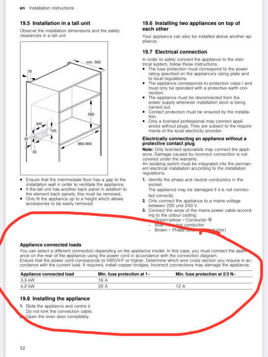 Bild av en installationsmanual som visar instruktioner för att installera en apparat. En tabell över apparatens anslutna laster är omgärdad av en röd markering.