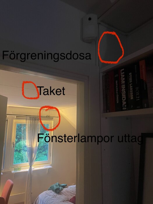 Bild som visar ett rum med ett vägguttag för en fönsterlampa, en förgreningsdosa och markeringar på taket för att flytta uttaget.