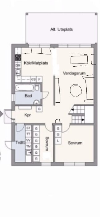 Planlösning av en bostad med kök/matplats, vardagsrum, badrum, tvättstuga, korridor och sovrum, samt markerade bärande väggar och möblering.