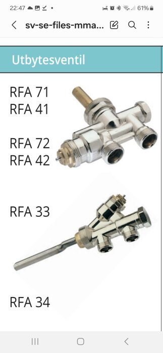 Bilden visar två typer av utbytesventiler för radiatorer (RFA 71, RFA 41, RFA 72, RFA 42 samt RFA 33, RFA 34).