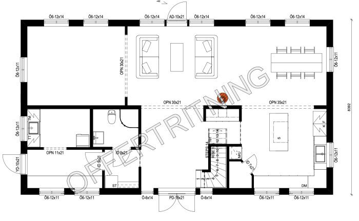 Planritning över bottenvåningen på ett hus med kök, vardagsrum, matsal, badrum, tvättstuga och entré. Texten "OFFERRITNING" är överlagd på bilden.