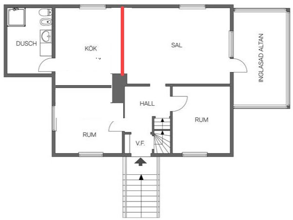 Planritning av ett hus med ett streck i rött för att markera en stålbalk som ersätter en eventuell bärande vägg mellan kök och sal.