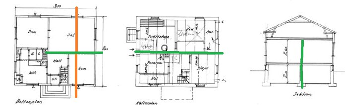 Byggnadsritningar med våningsplan och sektionsvy markerade med gröna och orange linjer för att indikera väggar och strukturella avlastningar.