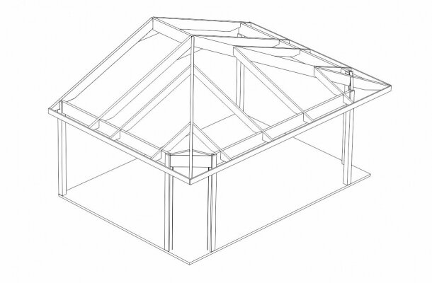 Ritning av en valmad stomme för uterum utan hanbalkar, visande takkonstruktion och pelare.