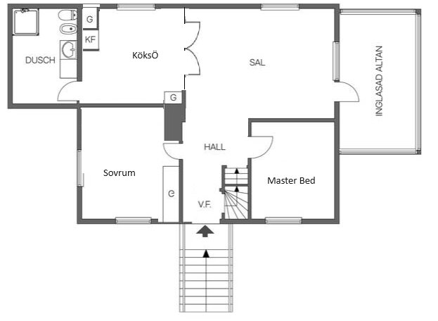 Planlösning för ett hus som visar rum som kök, sovrum, master bedroom, hall, vardagsrum, duschrum och inglasad altan. Trappor leder till våningen.