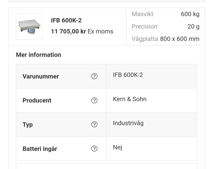 Produktbeskrivning av industrivåg IFB 600K-2 från Kern & Sohn. Maxvikt 600 kg, precision 20 g, storlek 800x600 mm, pris 11 705 kr exkl. moms, batteri ingår ej.