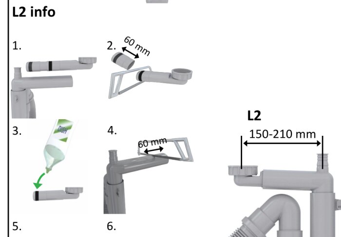 Illustration av vattenlåsinstallation med sex steg, inklusive avstånds- och tätningsinstruktioner för Smartlock B, RSK 8124249, samt användning av diskmedel för montering.