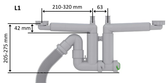 Bild på ett vattenlås Smartlock B med måttangivelser: bredd 210-320 mm, höjd 205-275 mm, diameter på rör 63 mm och tjocklek 42 mm.