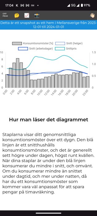 Skärmbild av ett diagram som visar genomsnittligt konsumtionsmönster över ett dygn för ett hem i Mellansverige från 2023-12-01 till 2024-01-01.