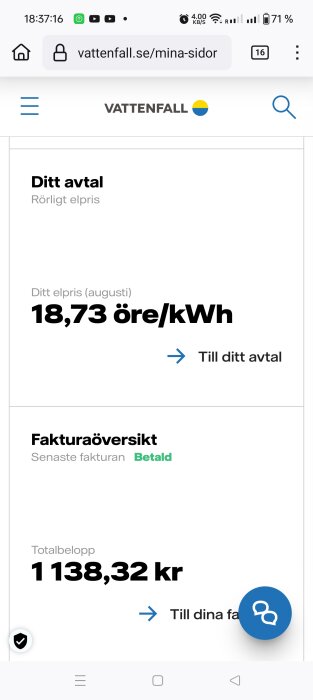 Skärmbild från Vattenfalls webbplats som visar rörligt elpris på 18,73 öre/kWh för augusti och att den senaste fakturan på 1 138,32 kr är betald.