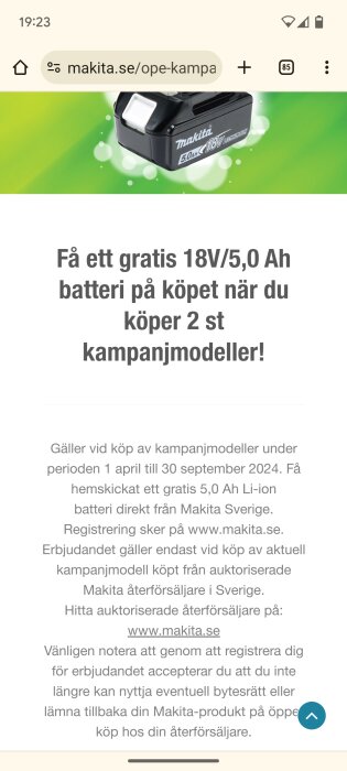 Makitas kampanjbild med text om gratis 18V/5,0 Ah batteri vid köp av två kampanjmodeller under perioden 1 april till 30 september 2024.