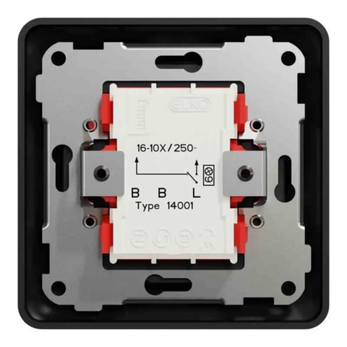 Närbild på en enkeltrapp brytare från Elko, modell 14001, med specifikationer för anslutningar synliga.