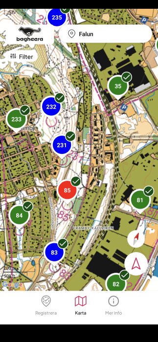 Karta över Falun med platser markerade med olika nummer och färger. Under kartan finns knapparna "Registrera", "Karta" och "Mer info".