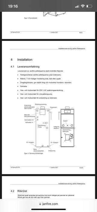 Installationsmanual för Janfire pelletspanna med detaljerad översiktsbild över pannan och beskrivning av olika anslutningar som kallvatten in, varmvattnet ut, expansion m.fl.