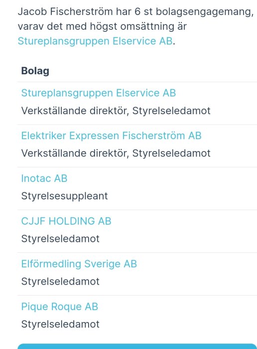 En lista över sex företag där Jacob Fischerström har roller som verkställande direktör, styrelseledamot och styrelsesuppleant.