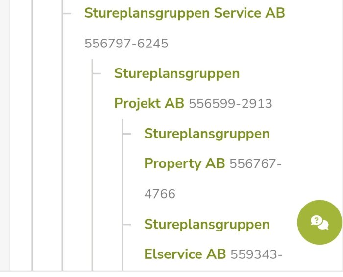 Organisationschema som visar en trädstruktur med Stureplansgruppen Service AB överst och underliggande bolag Stureplansgruppen Projekt AB, Property AB och Elservice AB.