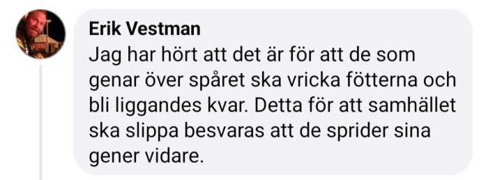 Kommentarsfält på Facebook där användaren Erik Vestman skriver om varför människor som genar över spåret ska vricka fötterna.