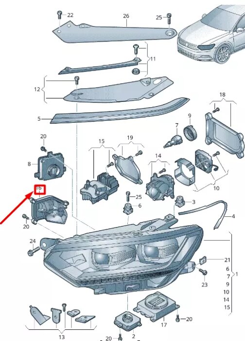 Detaljerad sprängskiss av en bilstrålkastare med numrerade delar. En del är markerad med röd pil och text.
