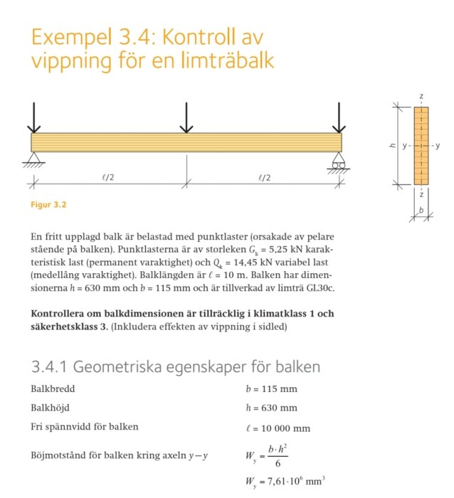 Exempel 3.4 med text och schema ritning för kontroll av vippning för en limträbalk med detaljerade förklaringar och formler för geometriska egenskaper.