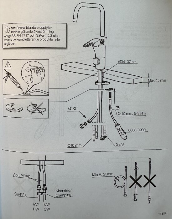 Installationsschema för köksblandare FM Matsson Siljan, med detaljerade anvisningar för rör, kopplingar och dimensioner.