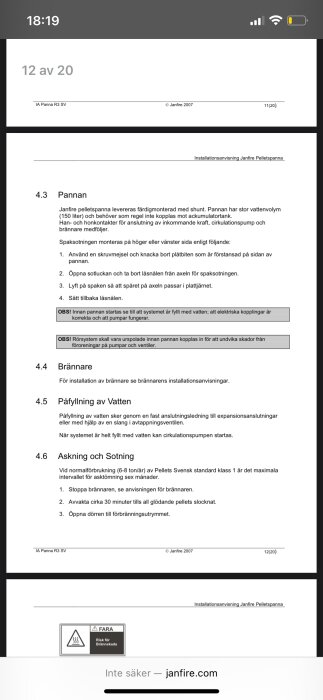 Installationsanvisning för Janfire pelletspanna, sektion 4.3 till 4.6, med instruktioner om panna, brännare, påfyllning av vatten och askning och sotning.