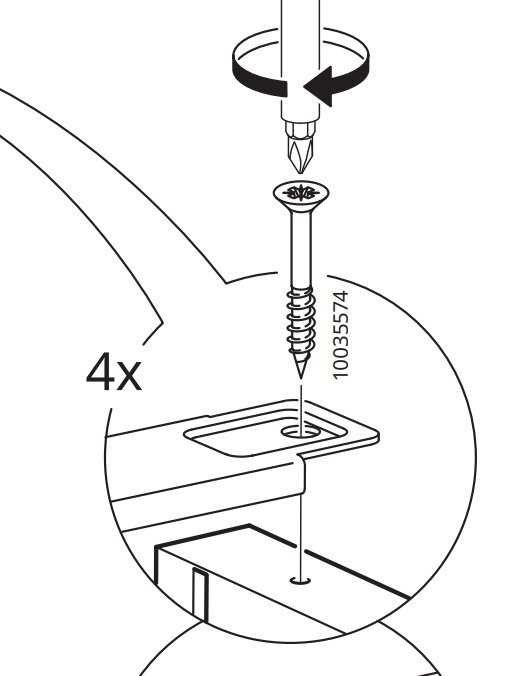 Illustration av en skruv, markerad med 10035574, som monteras i en skena med hjälp av en skruvmejsel i fyra kopior.