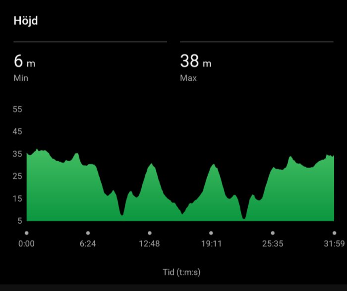 Diagram som visar höjdvariationer med en lägsta höjd på 6 meter och en högsta höjd på 38 meter över en tidsperiod på 31 minuter och 59 sekunder.