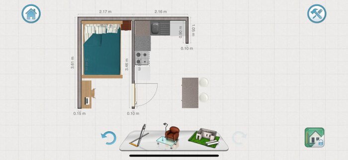 Planritning över ett sovrum och kök med mått. Sovrummet har en säng som mäter 1,90 m och köket visar diskbänk, spis, och köksfläkt. Väggen vid diskhon är cirka 2 m.