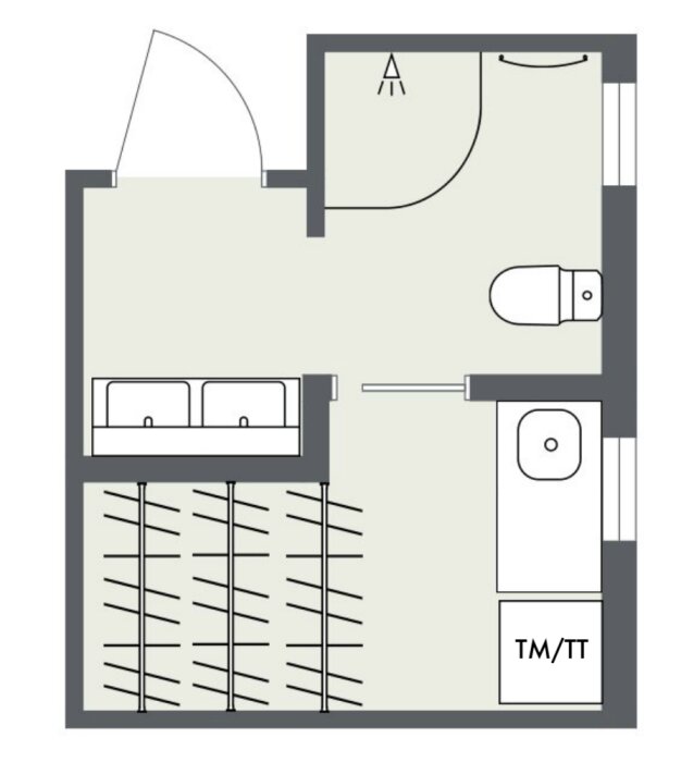 Ritning av ett badrum med två handfat, en toalett, en tvättmaskin/tumlare och skjutdörr. Rummet är 120x45 cm med 15 cm tjocka väggar.