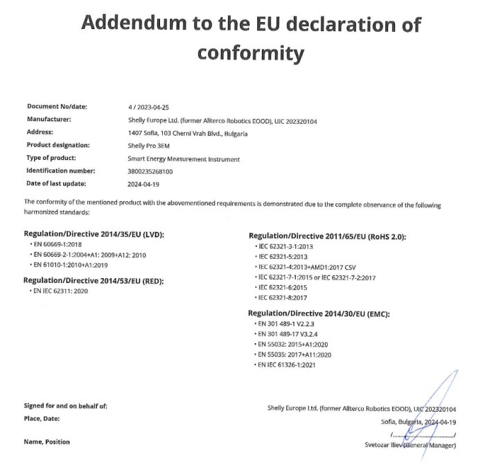 Addendum till EU-försäkran om överensstämmelse för Shelly Pro 3EM, med nämnda standarder och deras efterlevnad, bl.a. EN61010. Signerat den 2024-04-19.