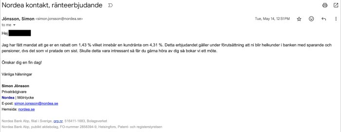 Ett e-postmeddelande från Nordea som erbjuder en kund rabatt på 1,43% vilket resulterar i en kundränta på 4,31%.