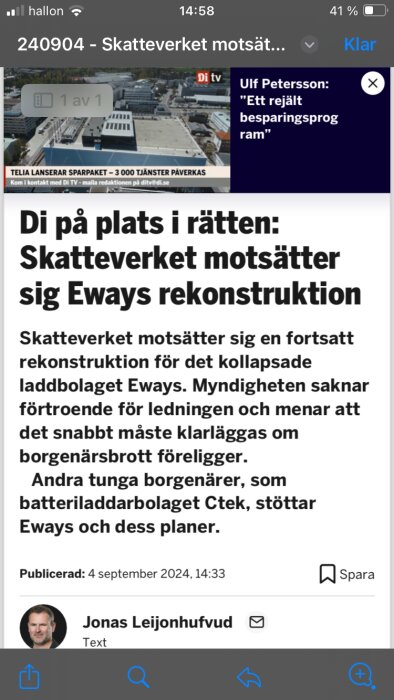 Nyhetsartikel från Di TV: "Skatteverket motsätter sig Eways rekonstruktion" publicerad den 4 september 2024, med en bild av en byggnad.