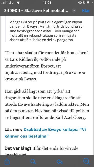 En artikelrubrik "Skatteverket motsätter sig" och text om Eways, BRF:er, Lars Riddervik från Epspot, och krav på utredning av laddintäkter samt hänvisning till polis.